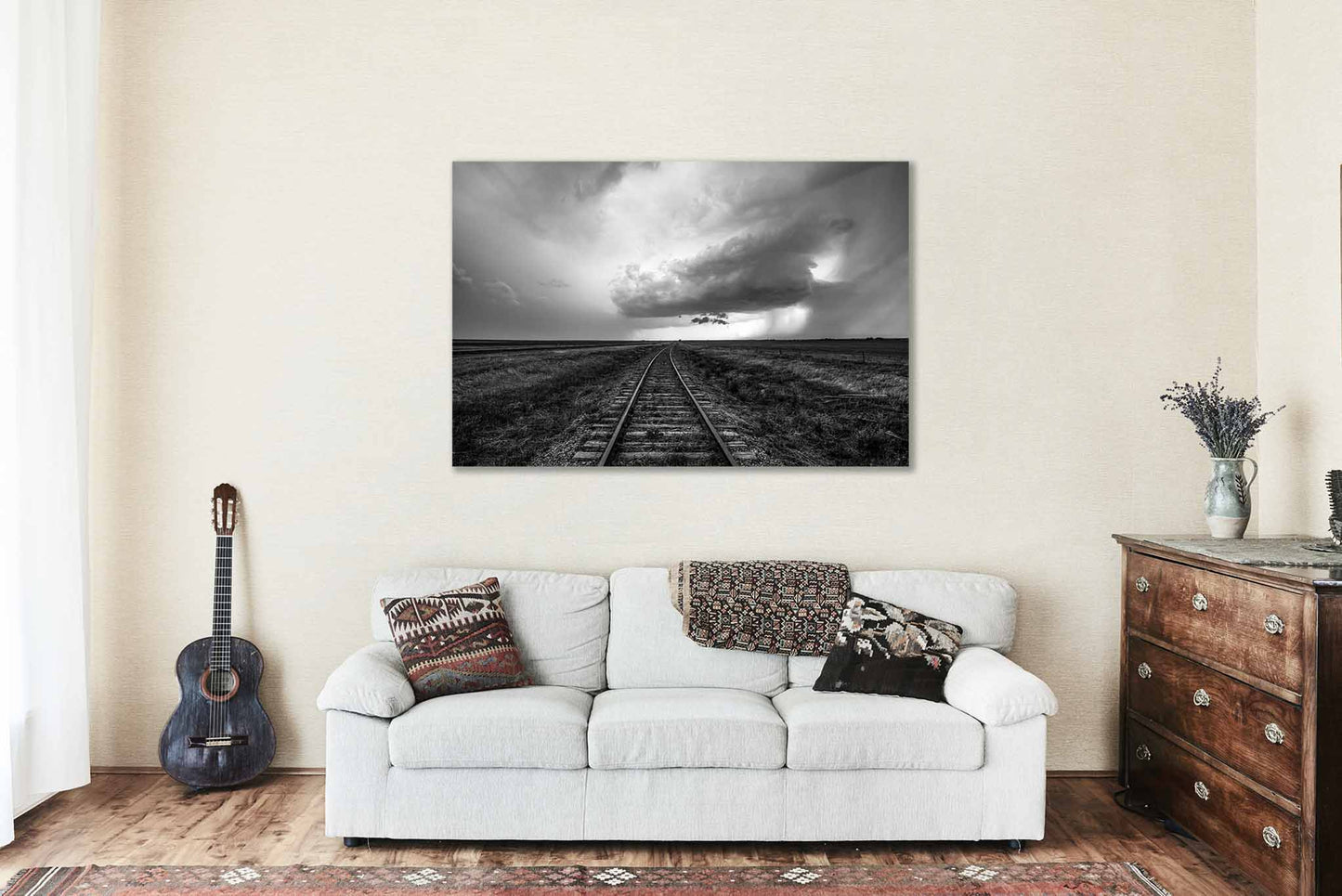 Storm Canvas | Black and White Gallery Wrap | Kansas Photography | Train Tracks Wall Art | Railroad Decor | Ready to Hang