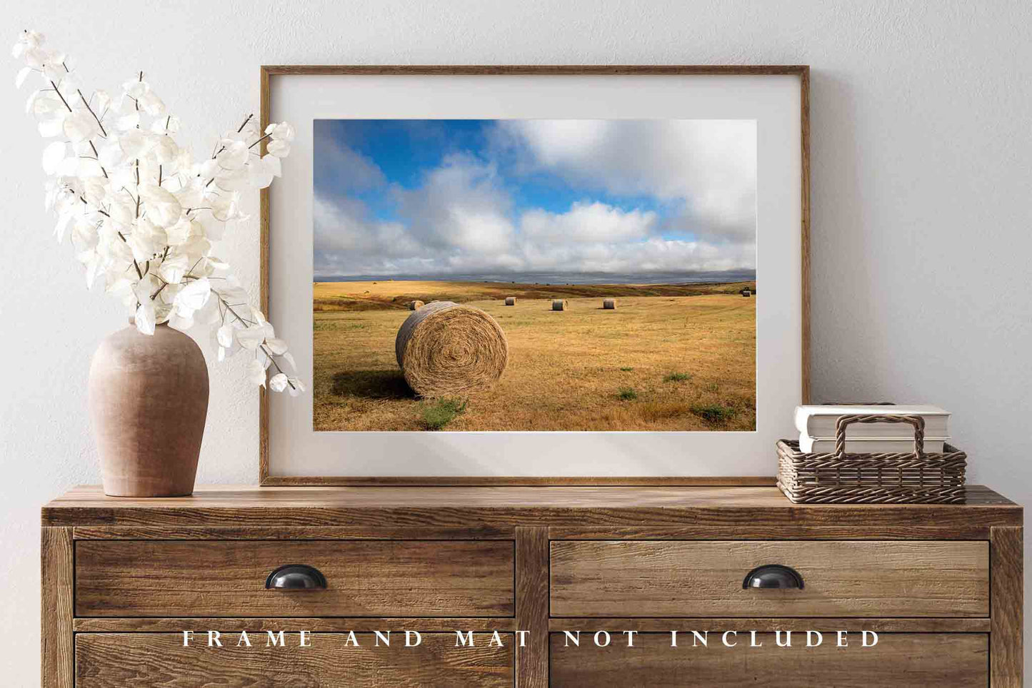 Farm Photography Wall Art Print - Picture of Hay Bales on Prairie Landscape Under Clearing Skies in Western South Dakota Plains Decor