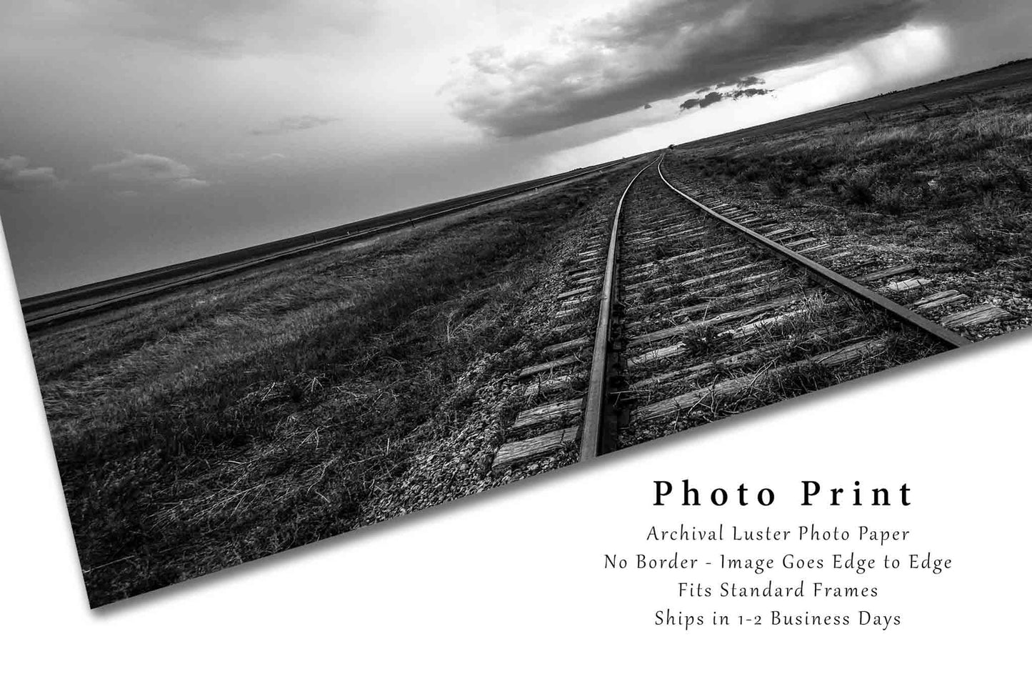 Storm Photography Print (Not Framed) Black and White Picture of Train Tracks Leading to Thunderstorm on Stormy Day in Kansas Great Plains Wall Art Railroad Decor