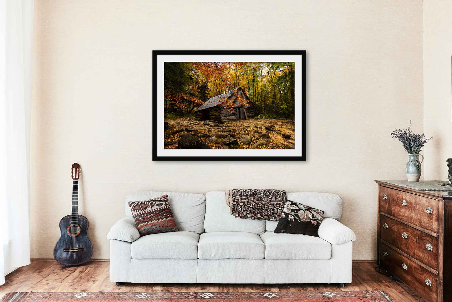 Framed Country Print with Optional Mat (Ready to Hang) Picture of Old Barn Surrounded by Fall Foliage on Autumn Day in Tennessee Great Smoky Mountains Wall Art Rustic Decor