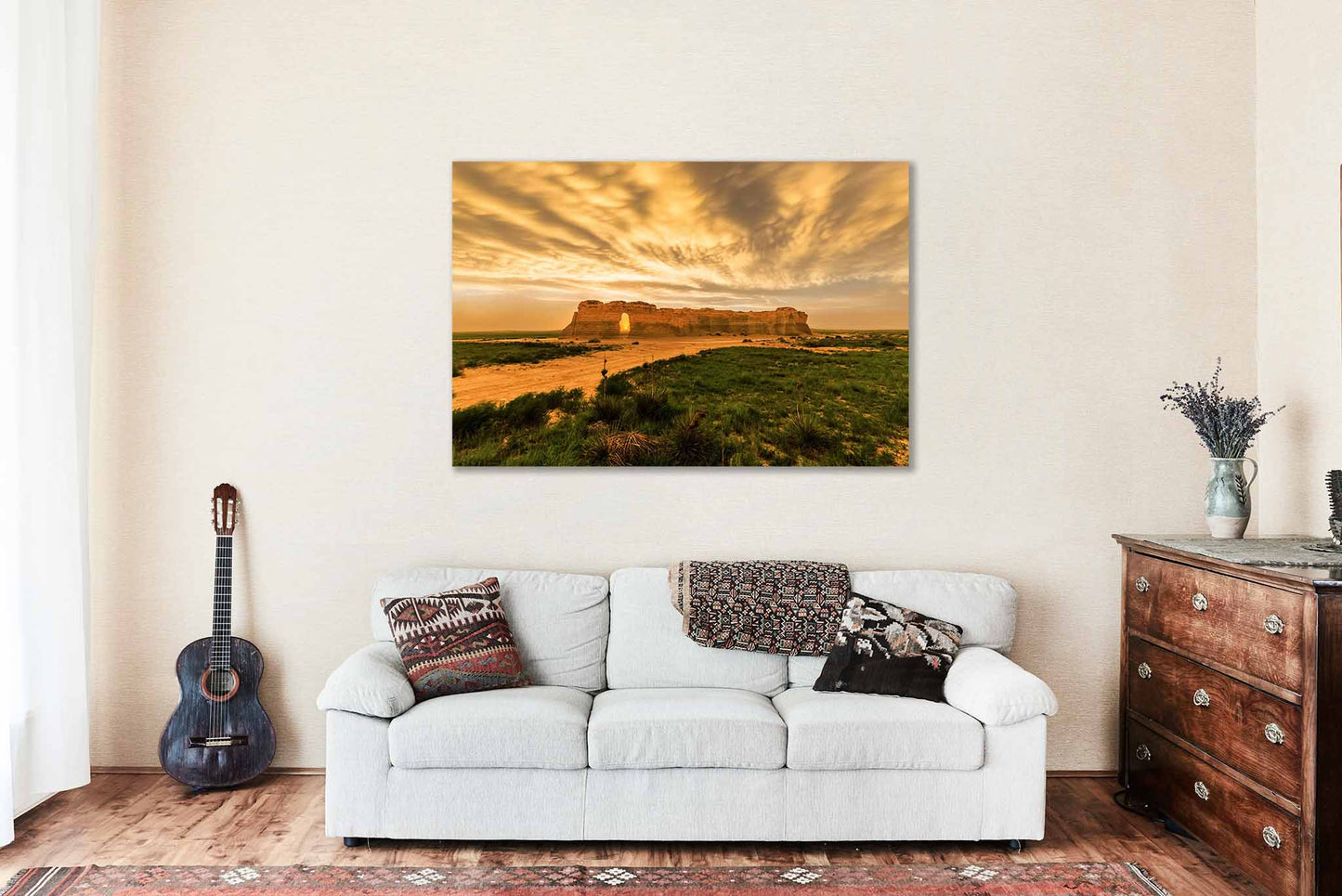 Great Plains Canvas Wall Art (Ready to Hang) Gallery Wrap of Monument Rocks Under Stormy Sky at Sunset in Kansas Prairie Photography Western Decor