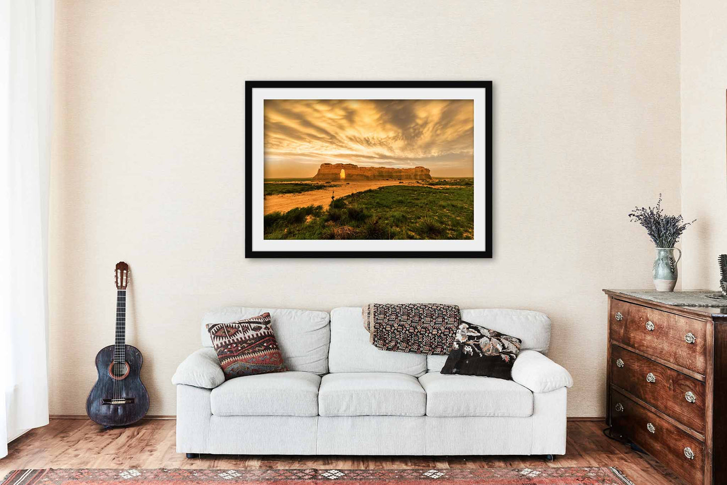 Framed Great Plains Print with Optional Mat (Ready to Hang) Picture of Monument Rocks Under Stormy Sky at Sunset in Kansas Prairie Wall Art Western Decor