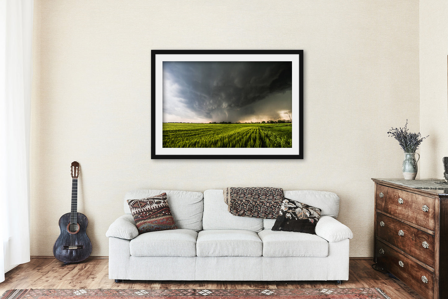 Framed Storm Print (Ready to Hang) Picture of Tornado Emerging From Rain Over Wheat Field in Kansas Thunderstorm Wall Art Nature Decor