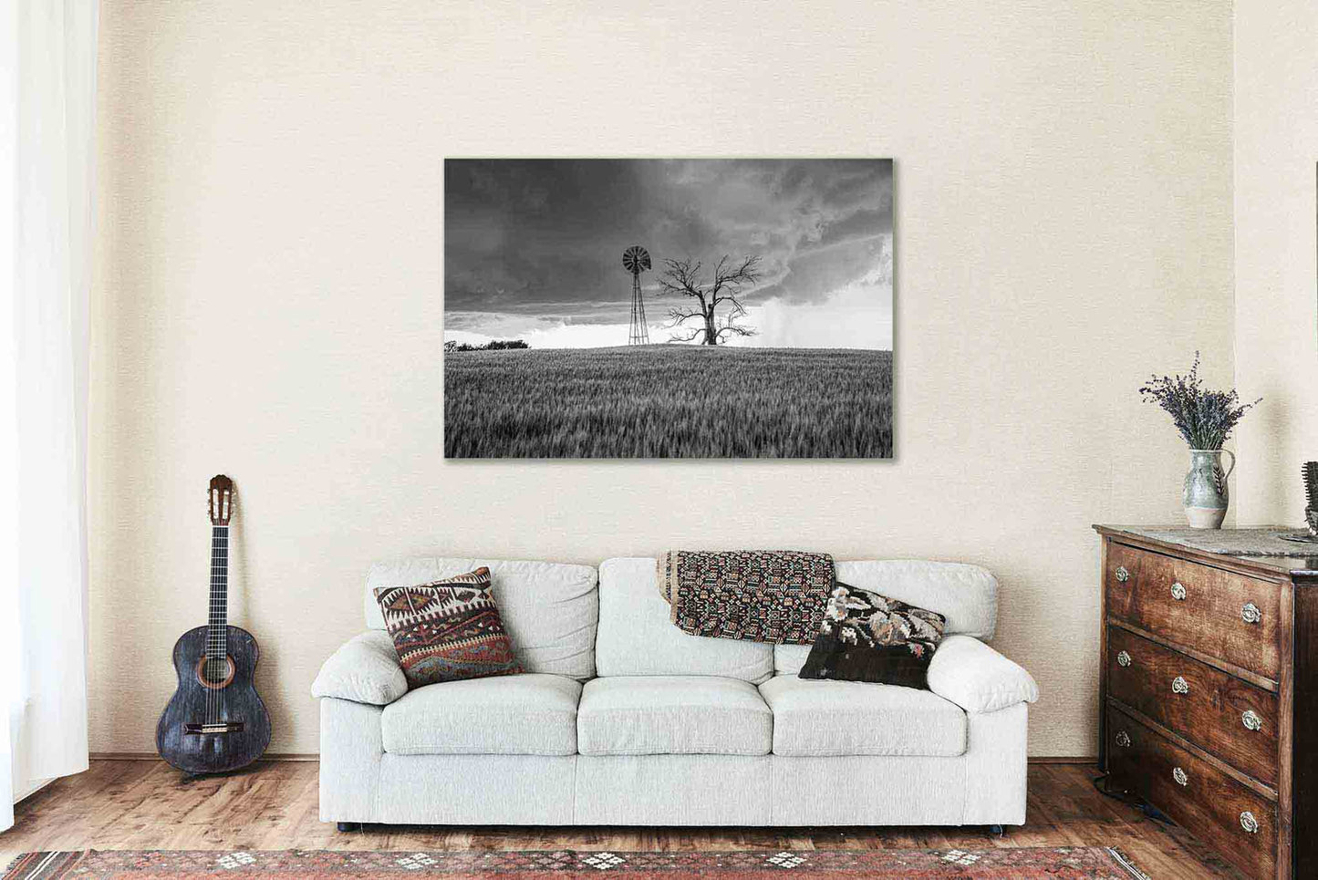 Old Windmill and Dead Tree on Stormy Day in Oklahoma Canvas Wall Art | Black and White Country Photography Farmhouse Decor