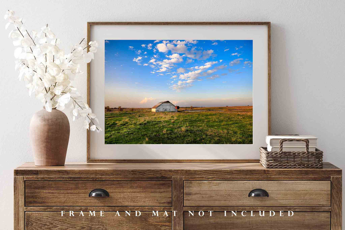 Oklahoma Landscape Photography Print - Fine Art Photograph of White Barn Under Blue Sky Great Plains Home Decor Prairie Artwork Picture