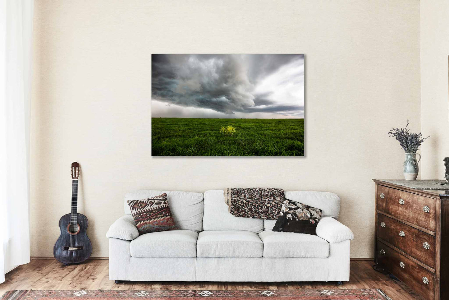 Storm Metal Print (Ready to Hang) Yellow Wildflowers in Green Field in Texas | Stormy Sky Wall Art Country Decor