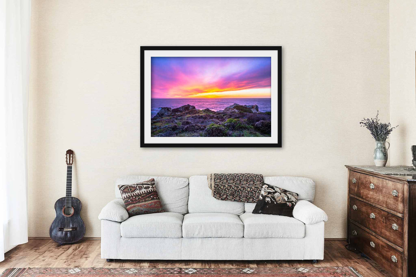 Framed Print (Ready to Hang) Picture of Colorful Sunset Over Pacific Ocean at Big Sur California Seascape Wall Art Coastal Decor