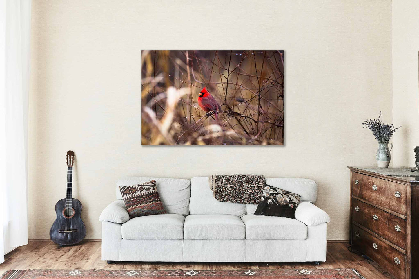 Bird Canvas Wall Art (Ready to Hang) Red Cardinal Surrounded by Raindrops on Winter Day in Oklahoma Wildlife Photography Nature Decor