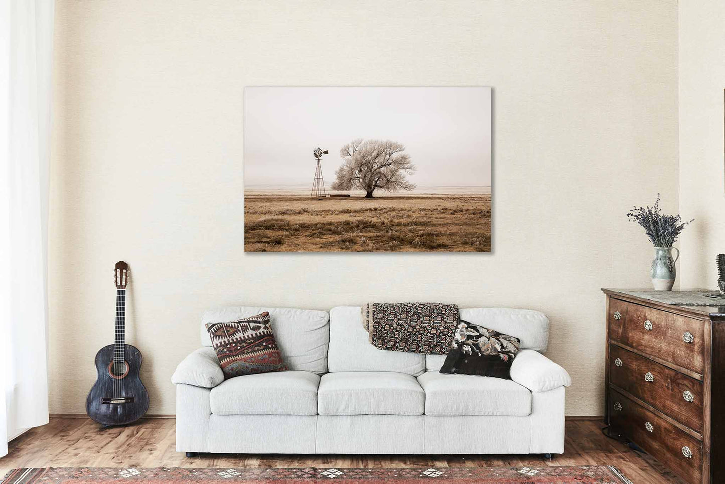 Old Windmill and Frost Covered Tree in New Mexico Canvas Wall Art | High Plains Photography Country Decor