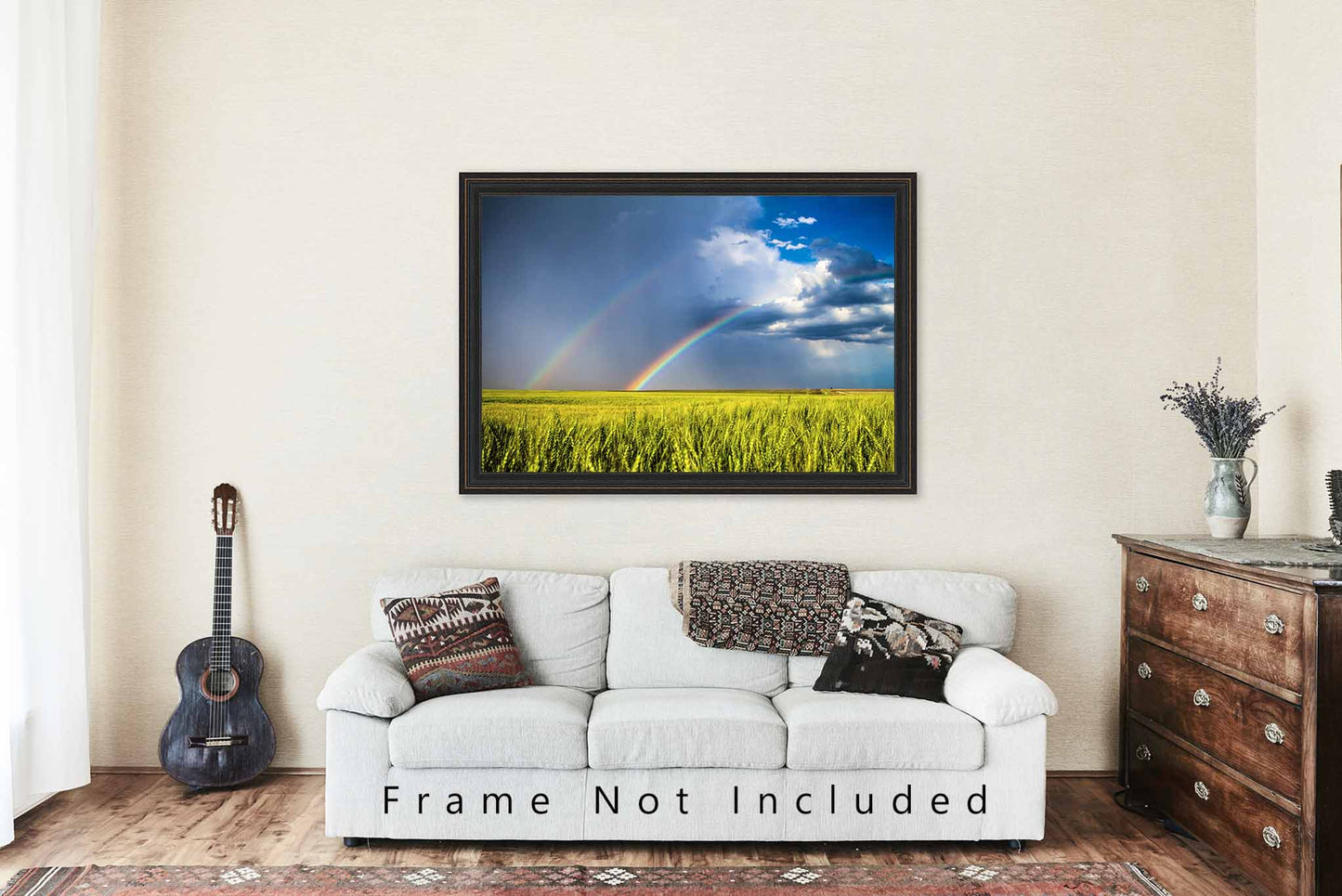 Country Photography Print (Not Framed) Picture of Double Rainbow Over Wheat Field on Stormy Day in Kansas Great Plains Wall Art Nature Decor