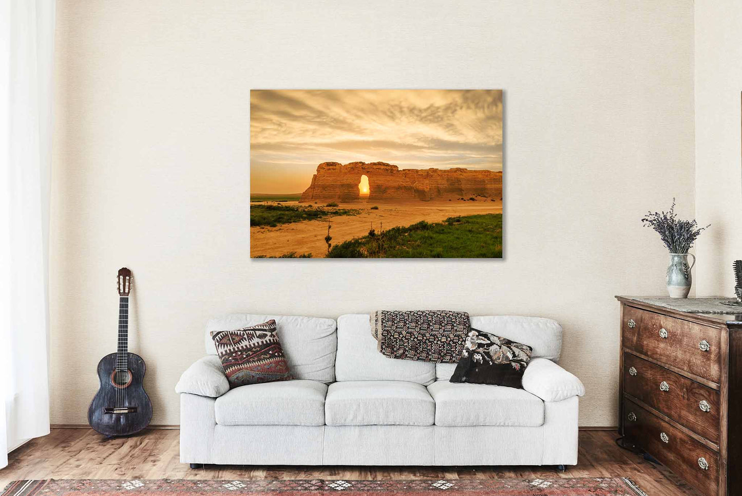 Great Plains Canvas Wall Art (Ready to Hang) Sunset Through Opening at Monument Rocks Kansas | Prairie Landscape Photography Nature Decor