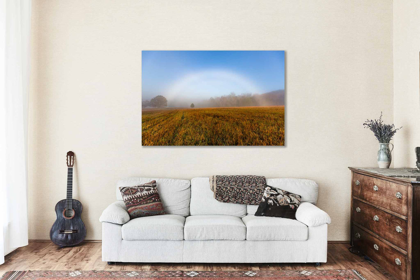 Nature Metal Print (Ready to Hang) Fog Bow Over Field on Foggy Autumn Morning in Tennessee | Great Smoky Mountains Landscape Wall Art Weather Decor
