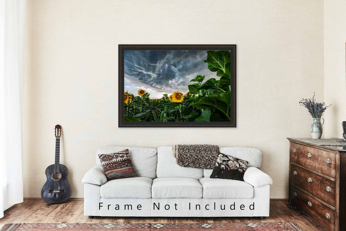 Nature Photography Print - Picture of Sunflowers Under Storm Clouds on Summer Day in Kansas - Country Farmhouse Photo Artwork Decor