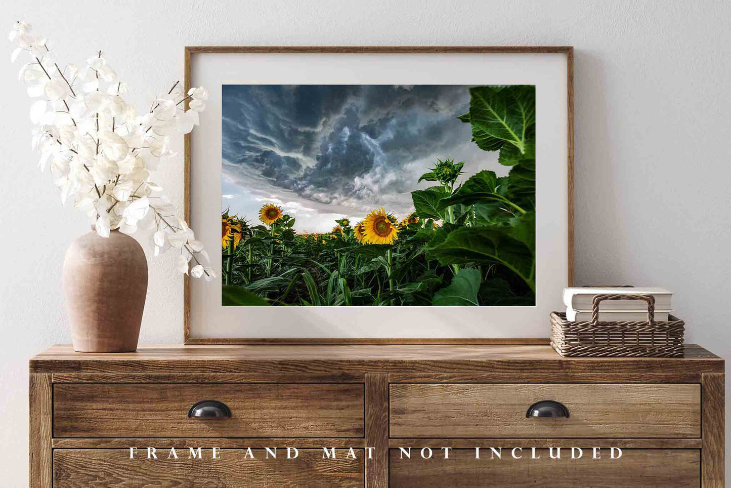Nature Photography Print - Picture of Sunflowers Under Storm Clouds on Summer Day in Kansas - Country Farmhouse Photo Artwork Decor