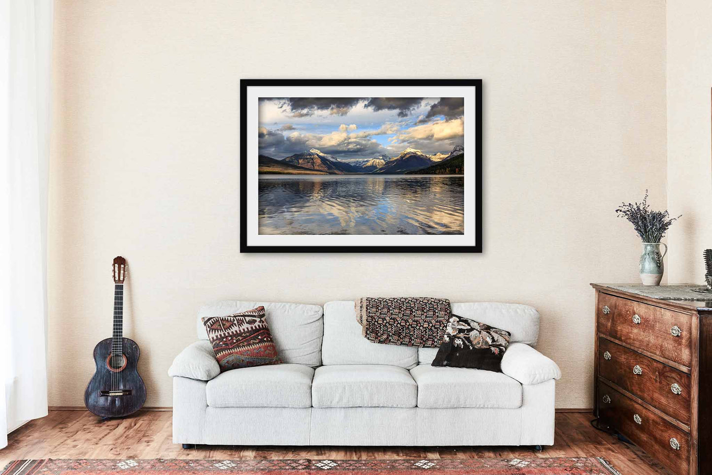 Framed Glacier National Park Print (Ready to Hang) Picture of Snowy Peaks Overlooking Lake McDonald on Autumn Day in Montana Rocky Mountain Wall Art Nature Decor