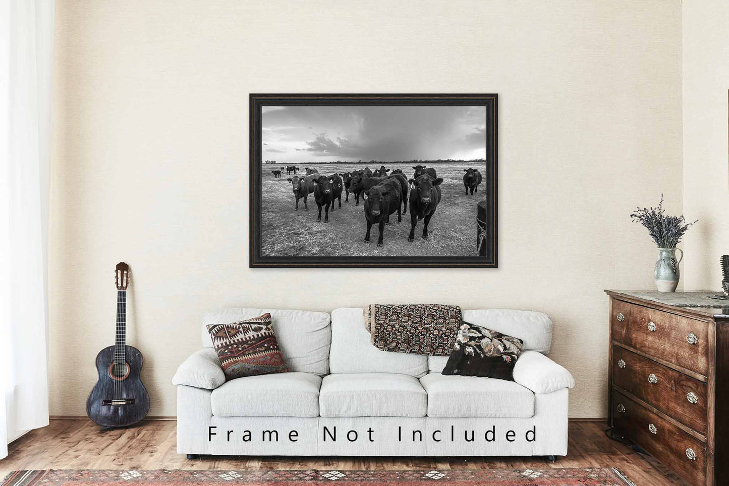 Cow Photography Print (Not Framed) Black and White Picture of Angus Cattle Herd Gathering as Storm Brews in Kansas Country Wall Art Farmhouse Decor