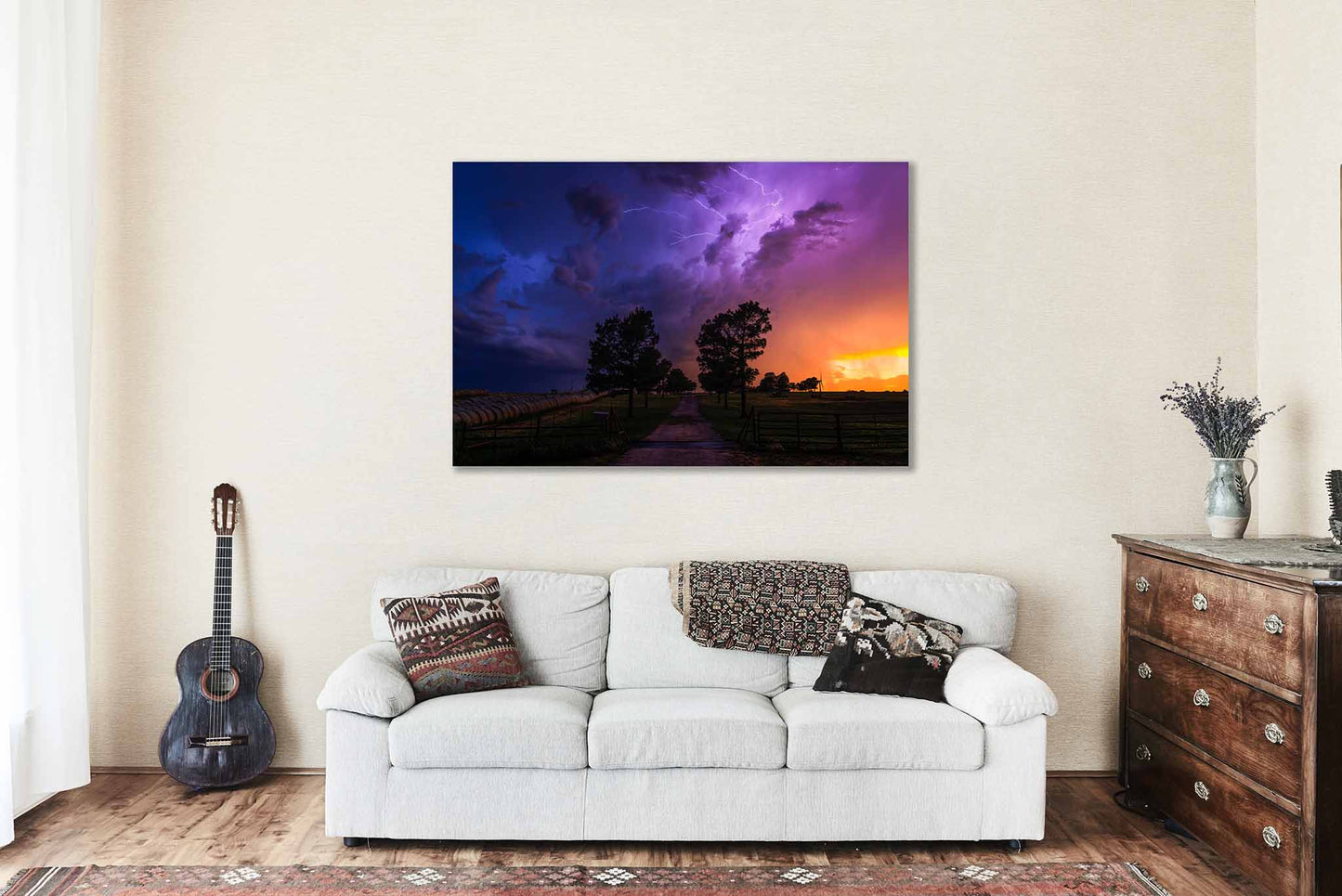 Stormy Sky with Lightning Over Road and Trees in Oklahoma Metal Print Wall Art | Storm Photography Weather Decor
