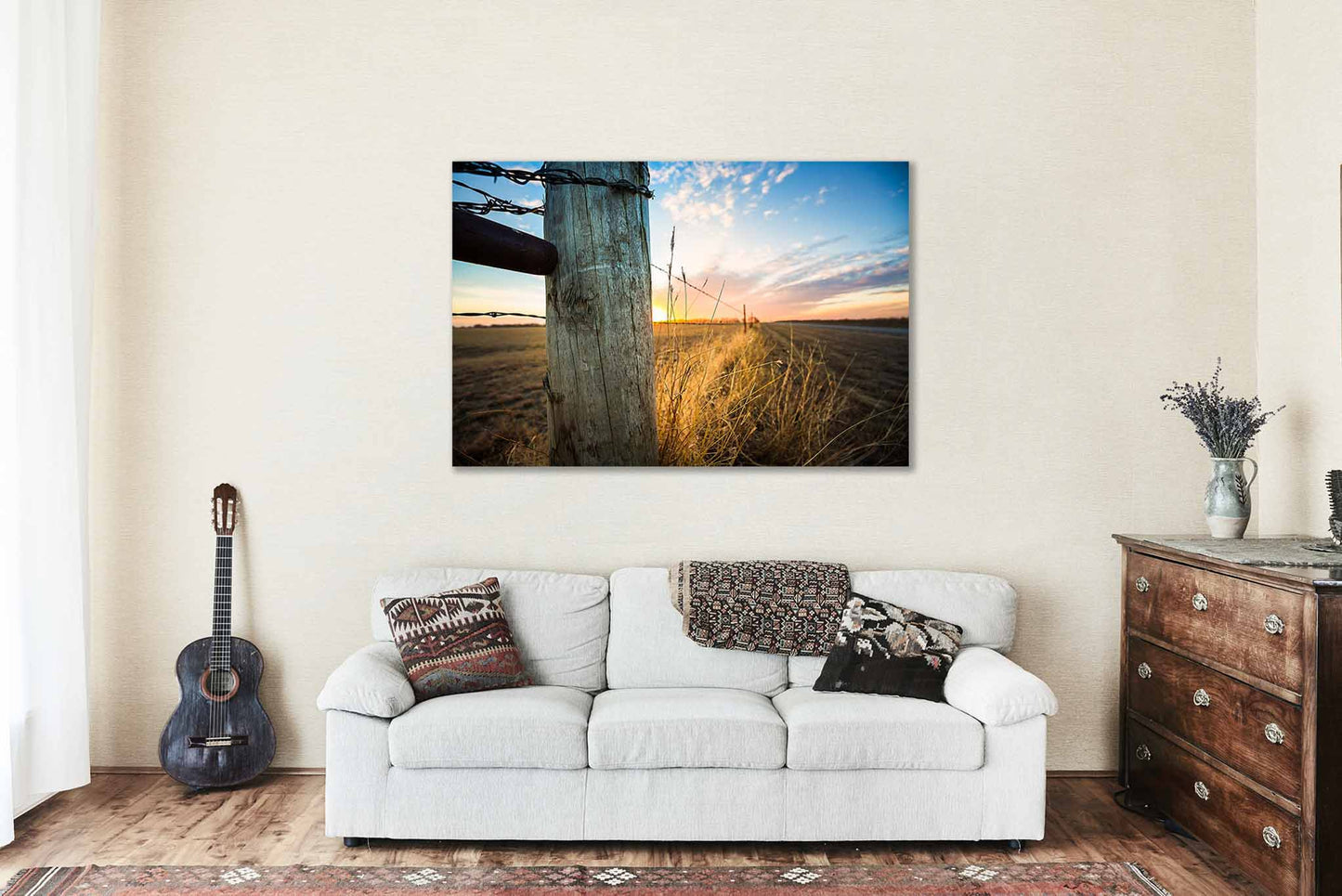 Fence Post Canvas Wall Art | Oklahoma Sunset Farm Ranch Country Western Farmhouse Photography Decor