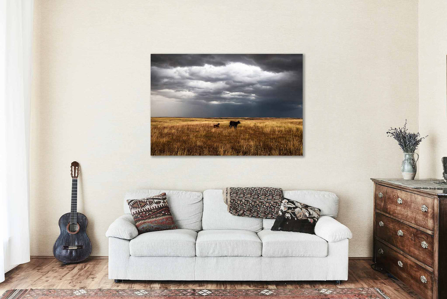 Country Canvas Wall Art (Ready to Hang) Cow Watching Over Playful Calf on Stormy Day in Oklahoma Farm and Ranch Photography Western Decor
