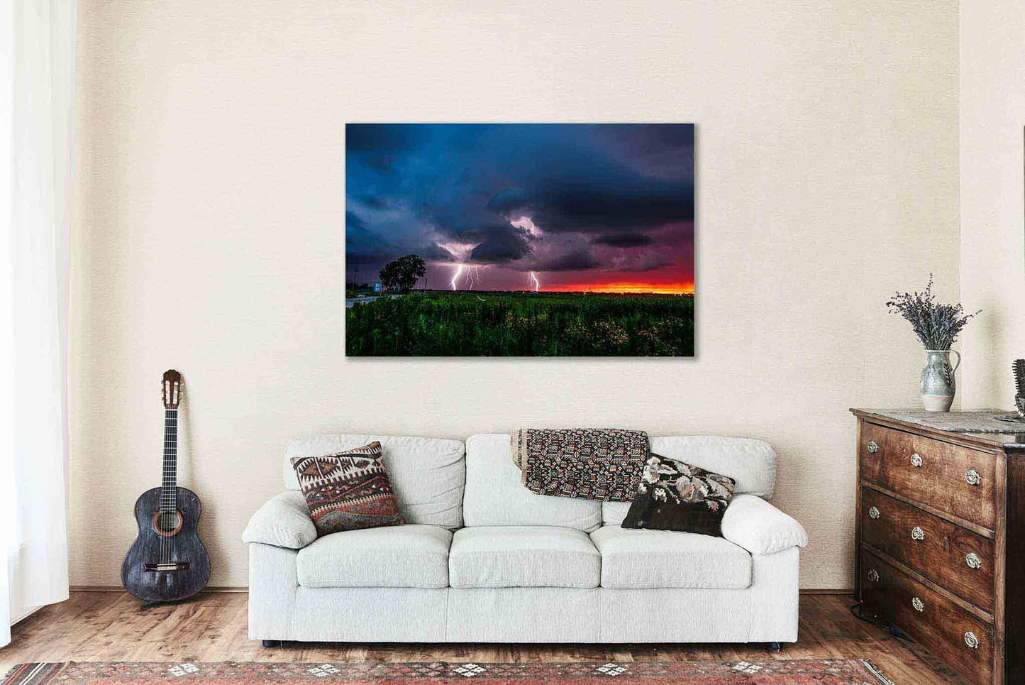 Lightning Bolts and Firefly on Stormy Evening in Oklahoma Canvas Wall Art | Thunderstorm Photography Weather Decor