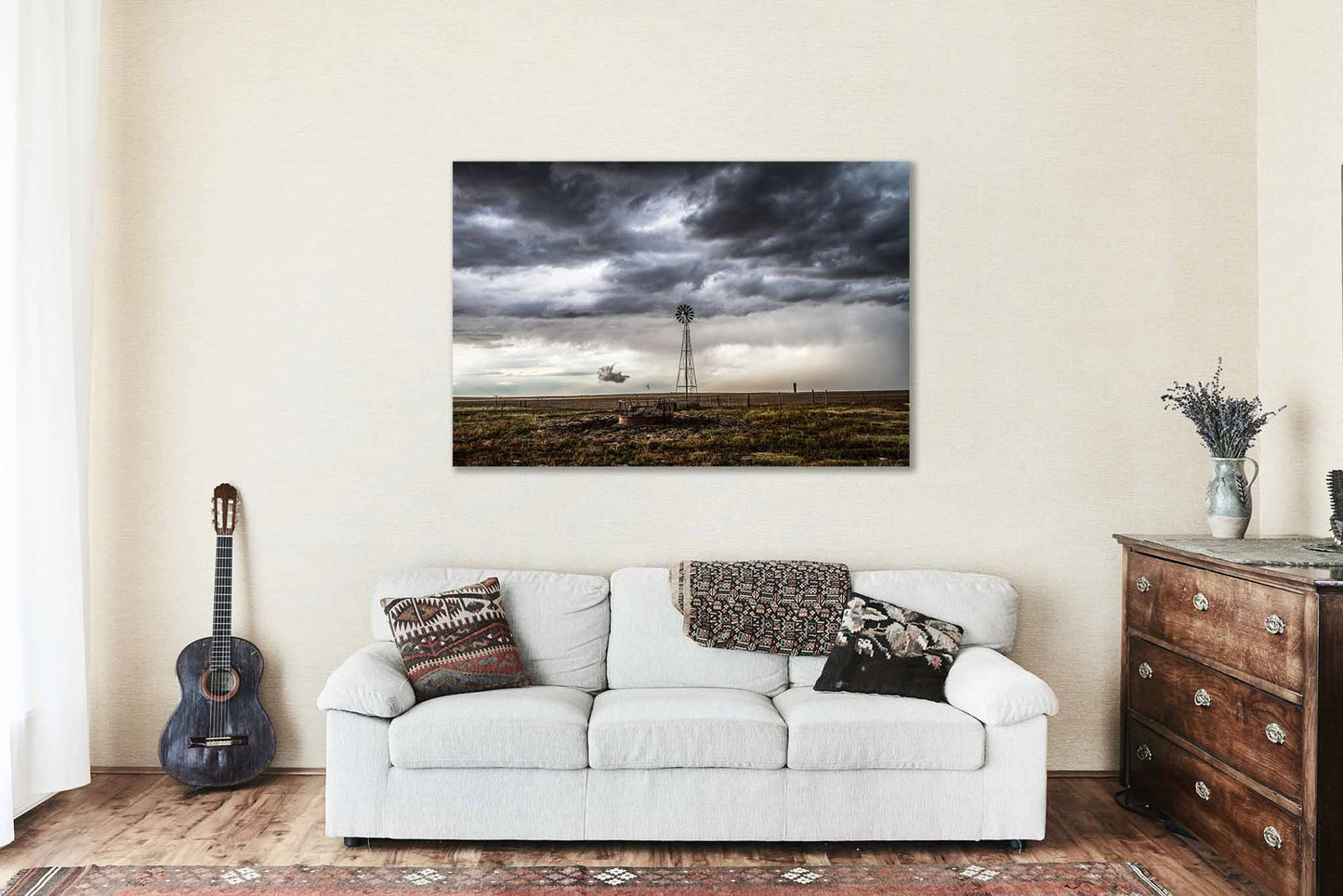Country Canvas Wall Art (Ready to Hang) Stormy Sky Over Old Windmill in Oklahoma Panhandle Great Plains Photography Farmhouse Decor