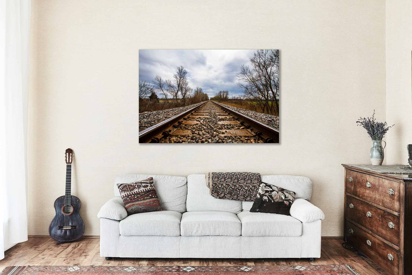 Railroad Canvas Wall Art (Ready to Hang) Gallery Wrap of Train Tracks on Stormy Spring Day in Oklahoma Locomotive Photography Adventure Decor