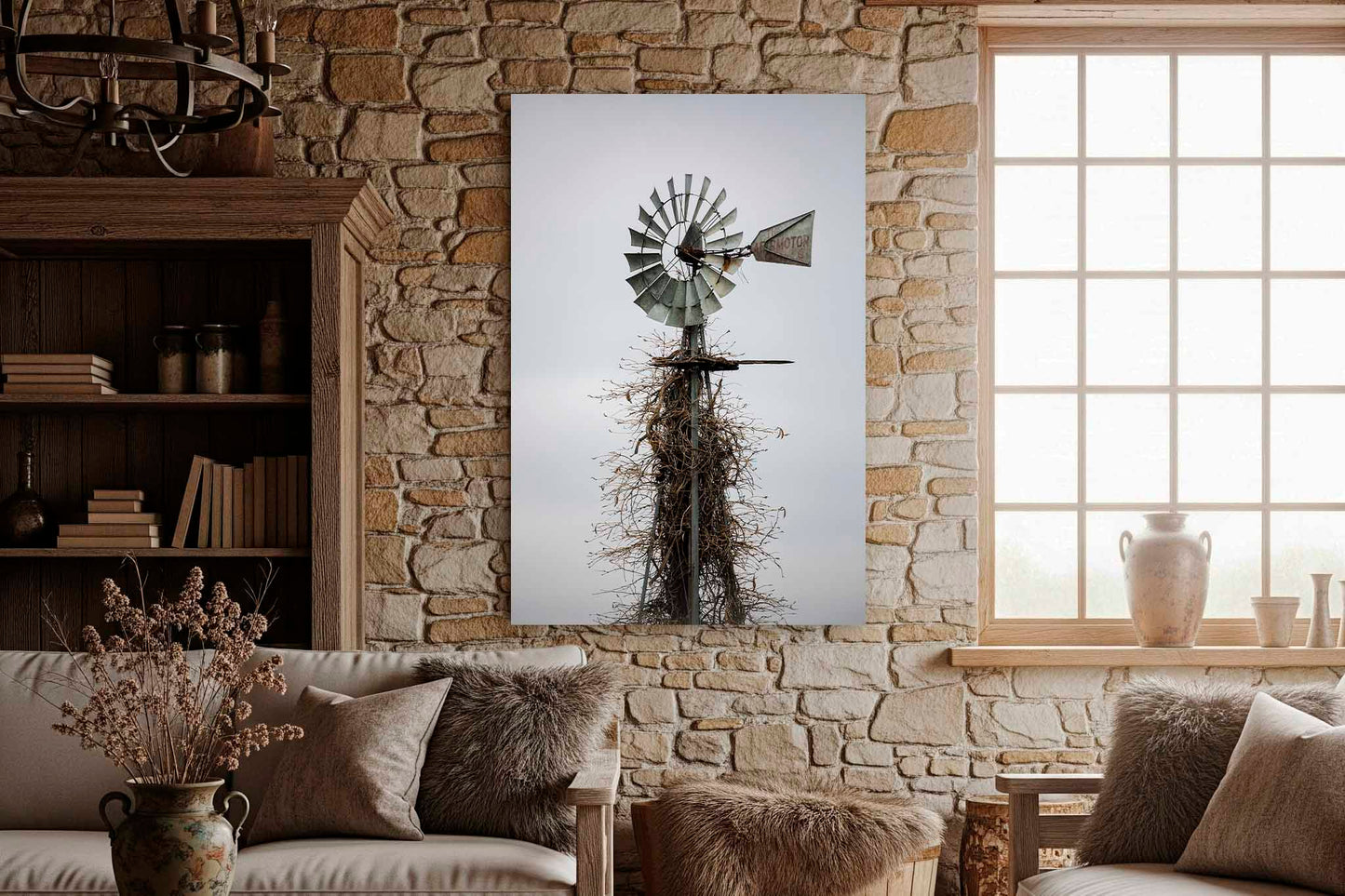 Old Windmill Covered in Vines in Oklahoma Canvas Wall Art | Vertical Farm and Country Photography Farmhouse Decor