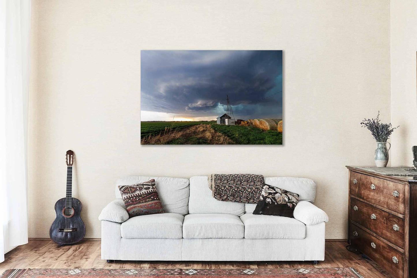 Storm Canvas Wall Art (Ready to Hang) Supercell Thunderstorm Over Country Scene in Kansas | Weather Photography Farmhouse Decor