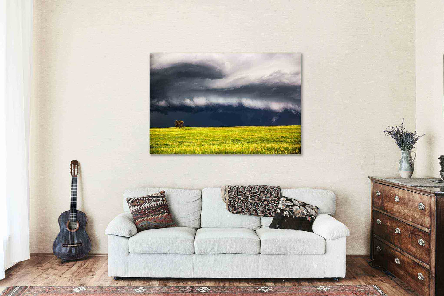 Thunderstorm Passing Behind Lone Tree in Nebraska Canvas Wall Art | Storm Photography Weather Decor