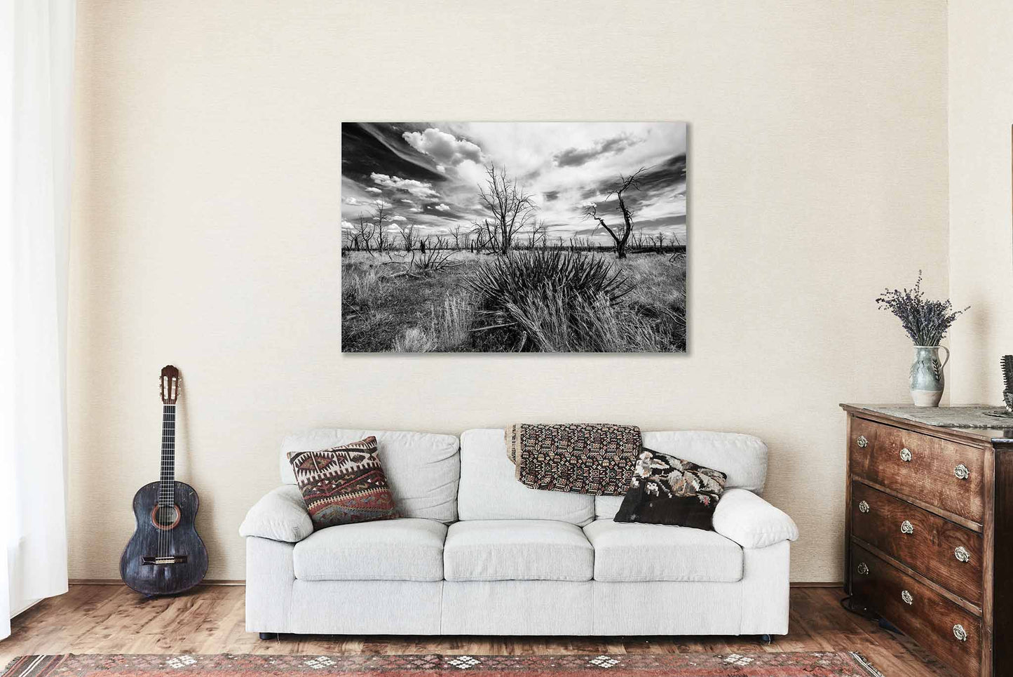 Southwest Landscape Canvas Wall Art (Ready to Hang) Yucca Plant and Charred Trees in Colorado | Mesa Verde National Park Photography Black and White Nature Decor