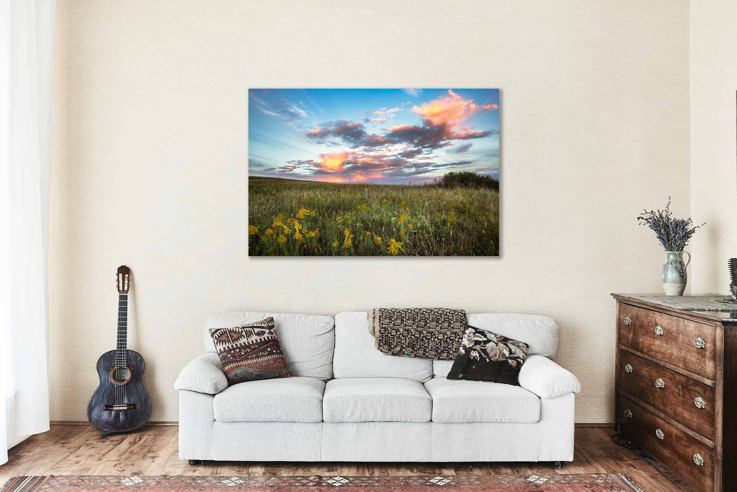 Great Plains Canvas Wall Art (Ready to Hang) Colorful Clouds Over Tallgrass Prairie at Sunset in Oklahoma Western Photography Nature Decor