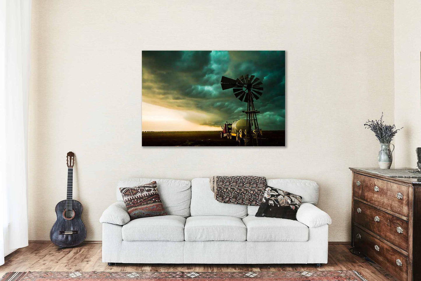 Old Windmill and Water Truck Under Thunderstorm in Oklahoma Canvas Wall Art | Storm Photography Farm and Country Decor