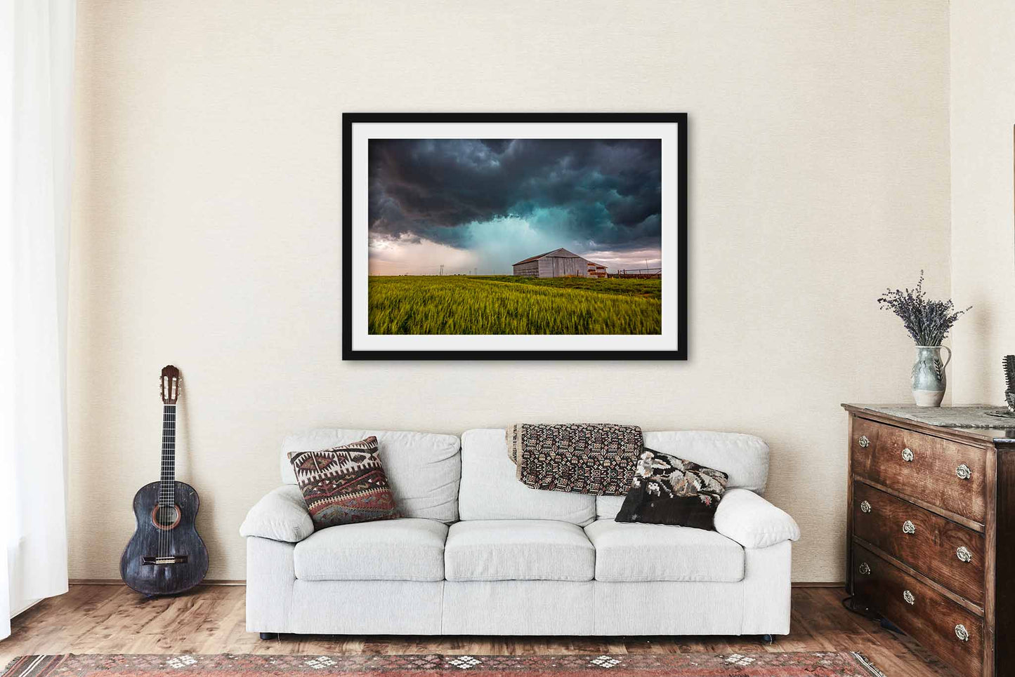 Framed Country Print (Ready to Hang) Picture of Tin Covered Barn and Storm in Oklahoma Thunderstorm Wall Art Farmhouse Decor