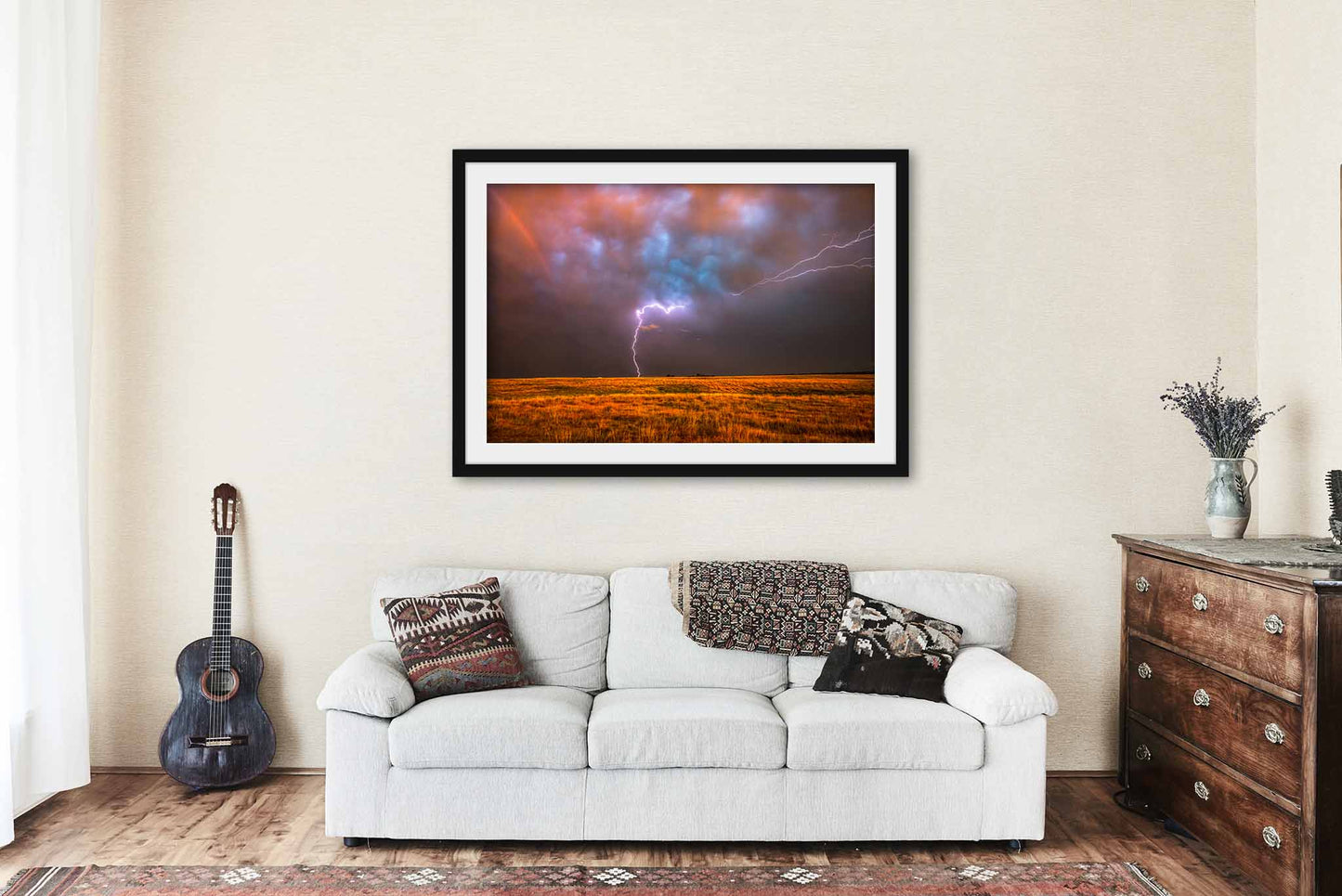 Framed Storm Print (Ready to Hang) Picture of Lightning Spanning Sky at Sunset Over Prairie in Oklahoma Thunderstorm Wall Art Nature Decor