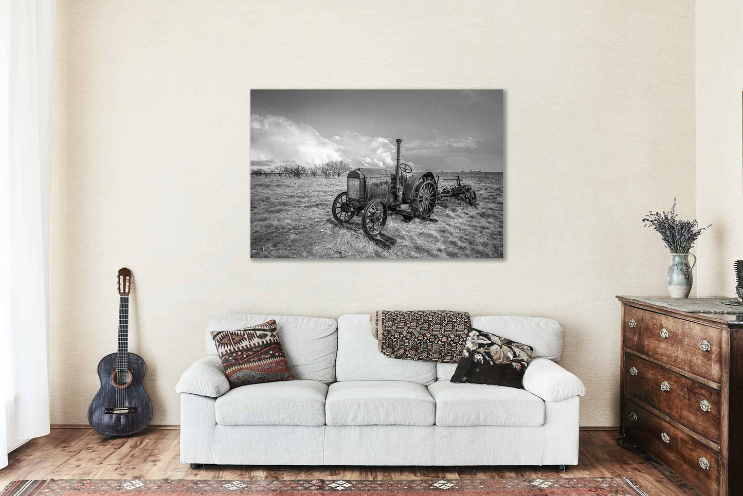 Rustic Farm Metal Print (Ready to Hang) Classic McCormick-Deering Tractor on Stormy Day in Texas Black and White Agriculture Wall Art Farmhouse Decor