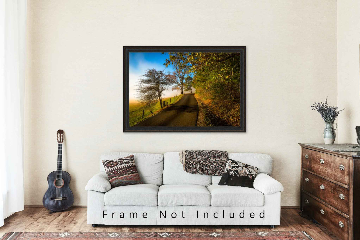 Smoky Mountains Art Print - Fine Art Photograph of Fog and Fall Colors Along Road in Whimsical Scene in Cades Cove Tennessee Landscape Photo