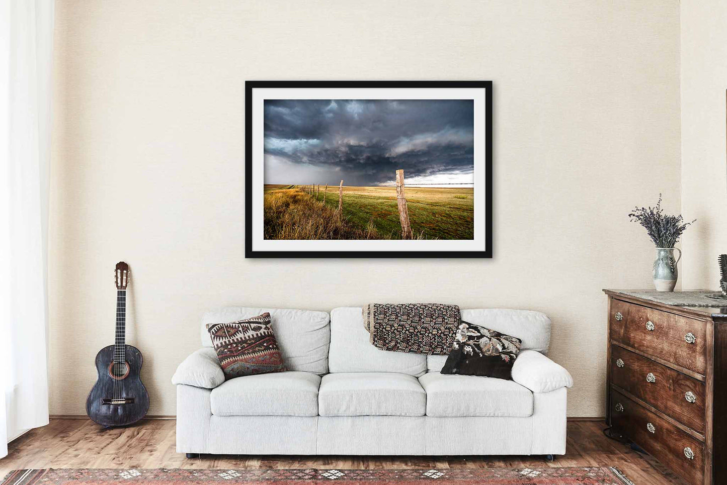 Framed Print (Ready to Hang) Picture of Thunderstorm Over Barbed Wire Fence in Texas Storm Wall Art Western Decor