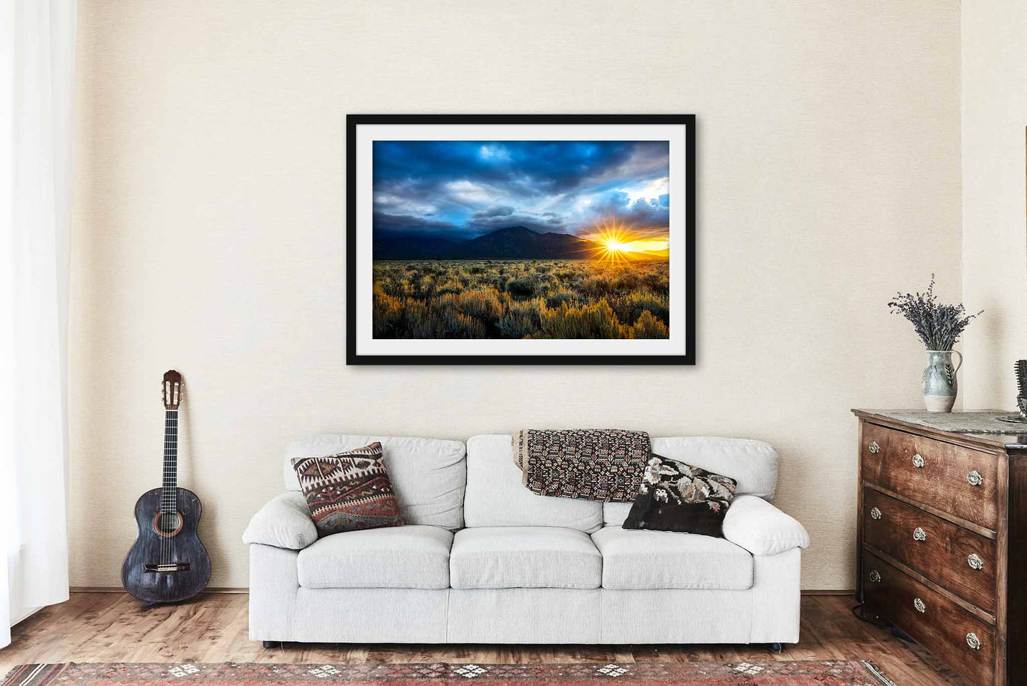 Framed High Desert Print (Ready to Hang) Picture of Sun Twinkle Behind Taos Mountain in Taos New Mexico Rocky Mountain Wall Art Nature Decor