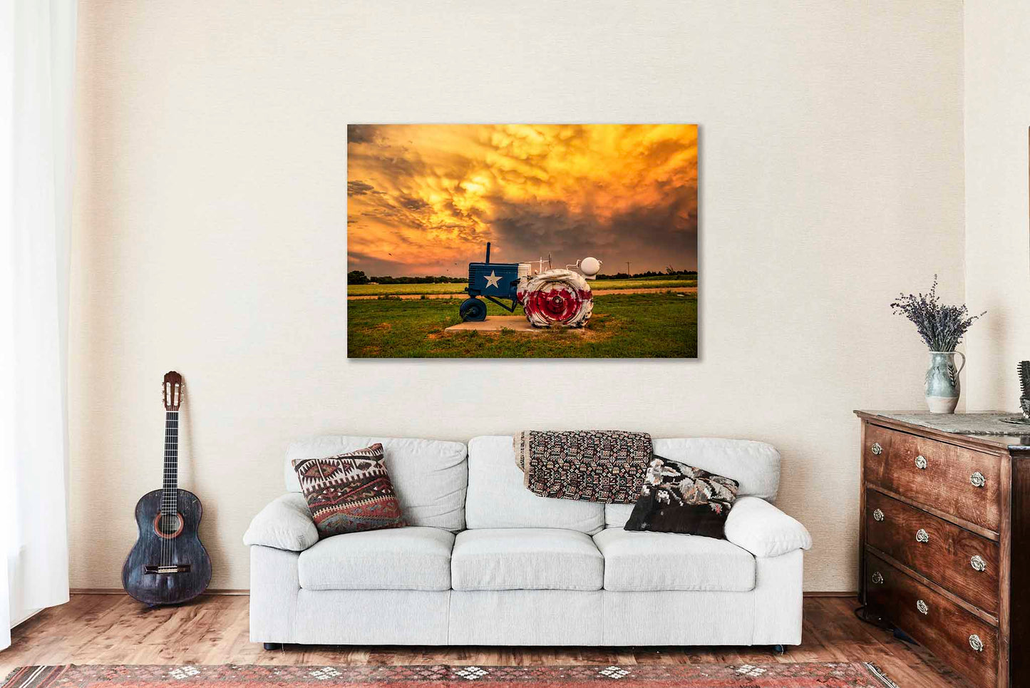 Tractor Canvas | Lone Star Flag Gallery Wrap | Stormy Sky Photography | Texas Wall Art | Farmhouse Decor | Ready to Hang