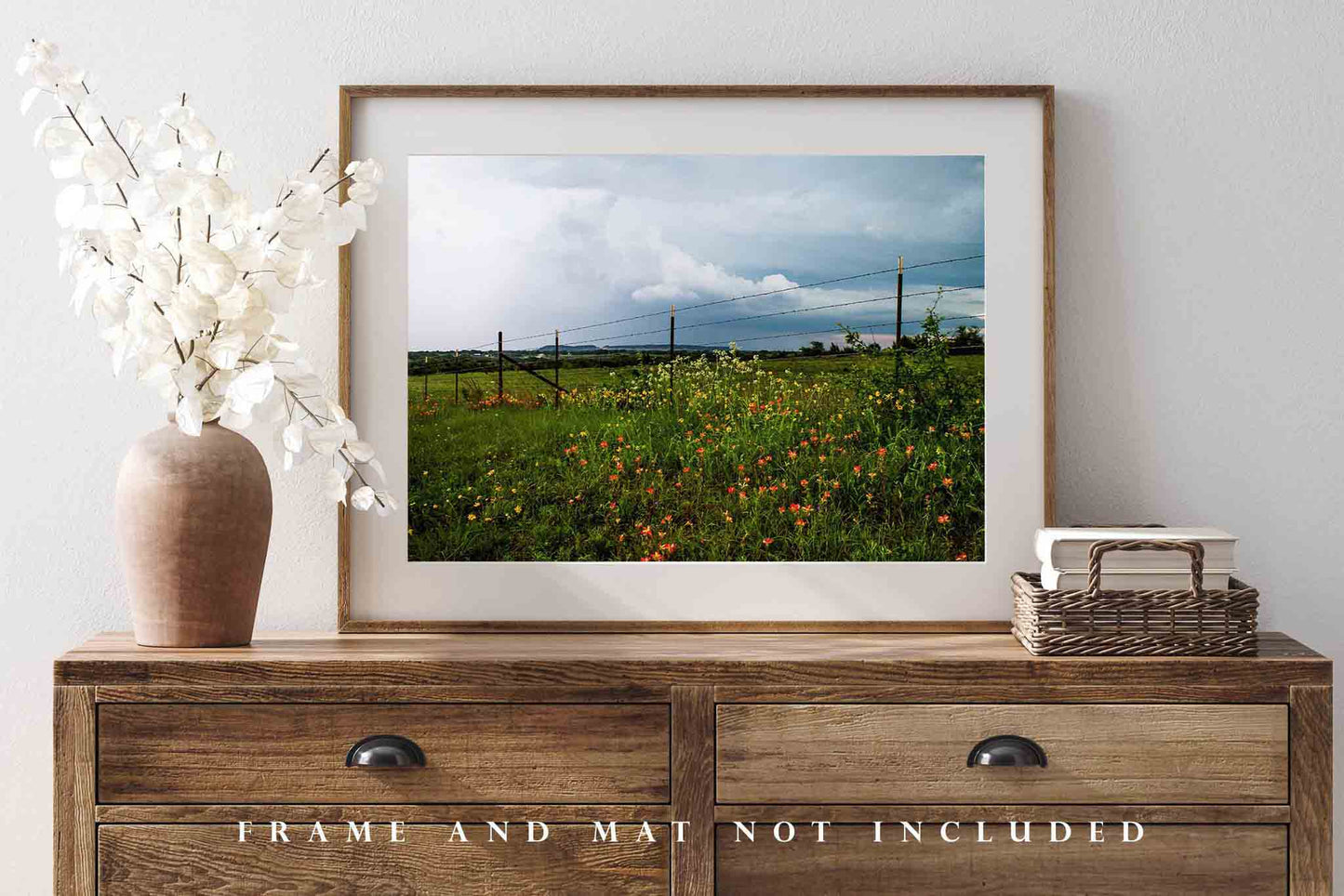Country Photography Print - Picture of Wildflowers and Barbed Wire Fence on Stormy Day in Texas - Farmhouse Decor Wall Art Photo Artwork