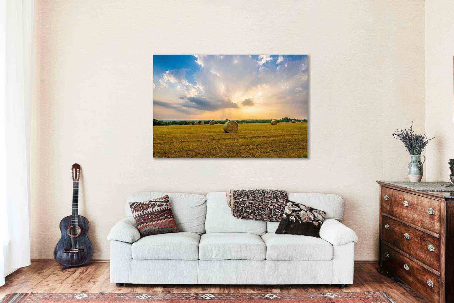 Round Hay Bale Canvas | Stormy Sky Gallery Wrap | Great Plains Photography | Oklahoma Landscape Wall Art | Country Decor | Ready to Hang