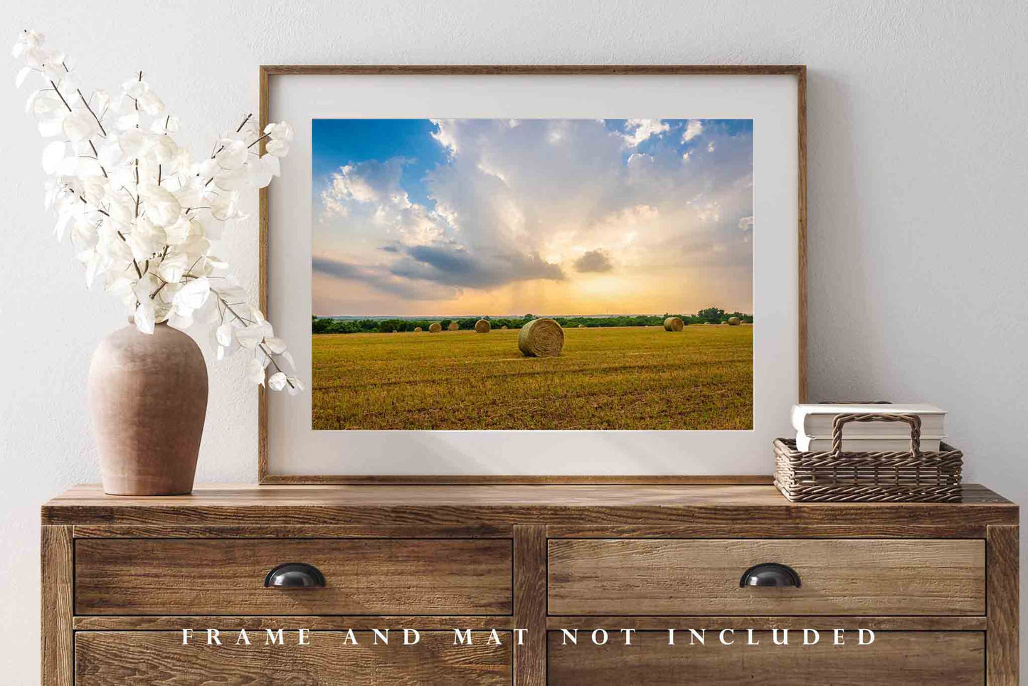 Country Photography Print - Wall Art Picture of Round Hay Bales Under a Stormy Sky in Golden Sunlight in Oklahoma Western Farmhouse Decor