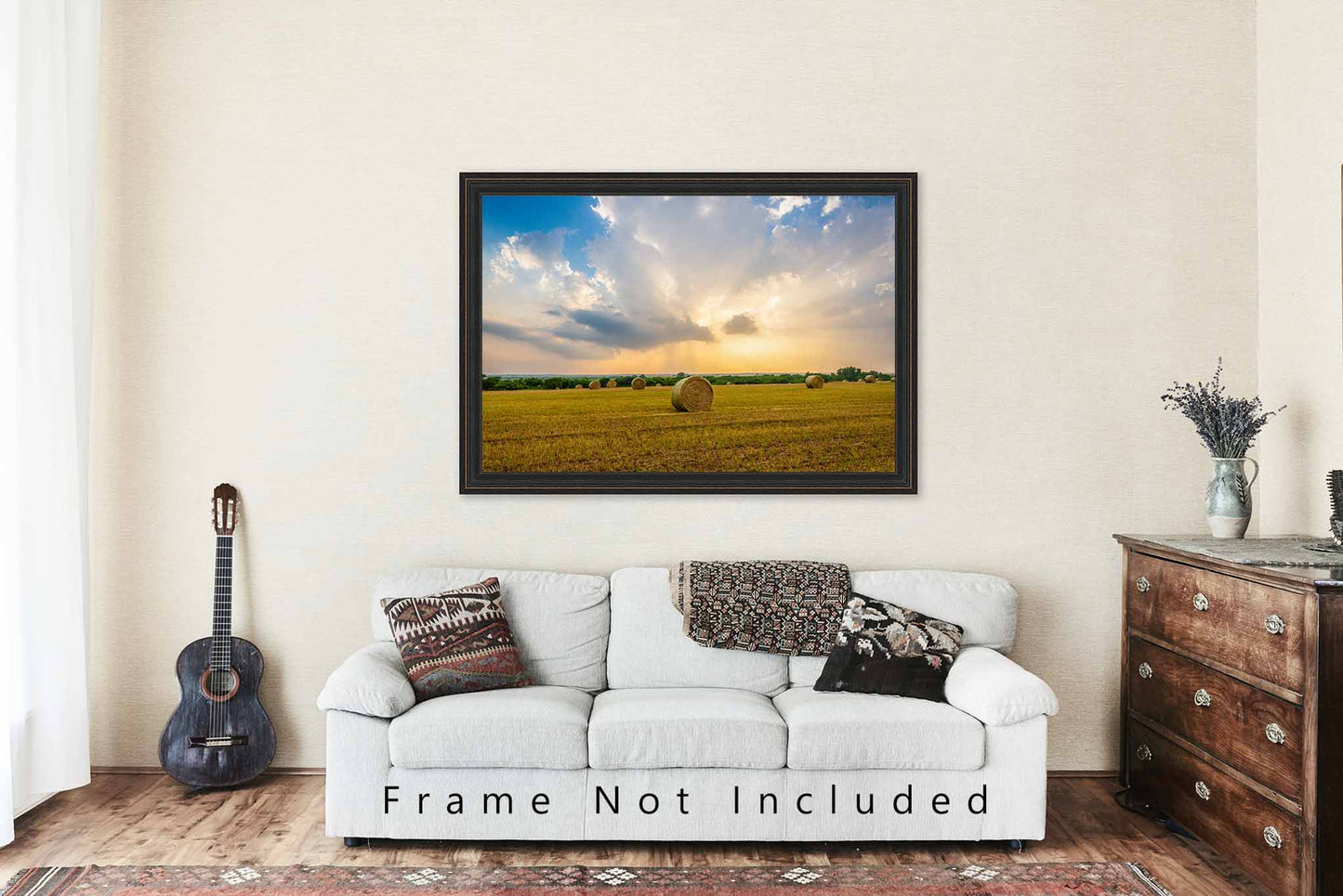 Country Photography Print - Wall Art Picture of Round Hay Bales Under a Stormy Sky in Golden Sunlight in Oklahoma Western Farmhouse Decor