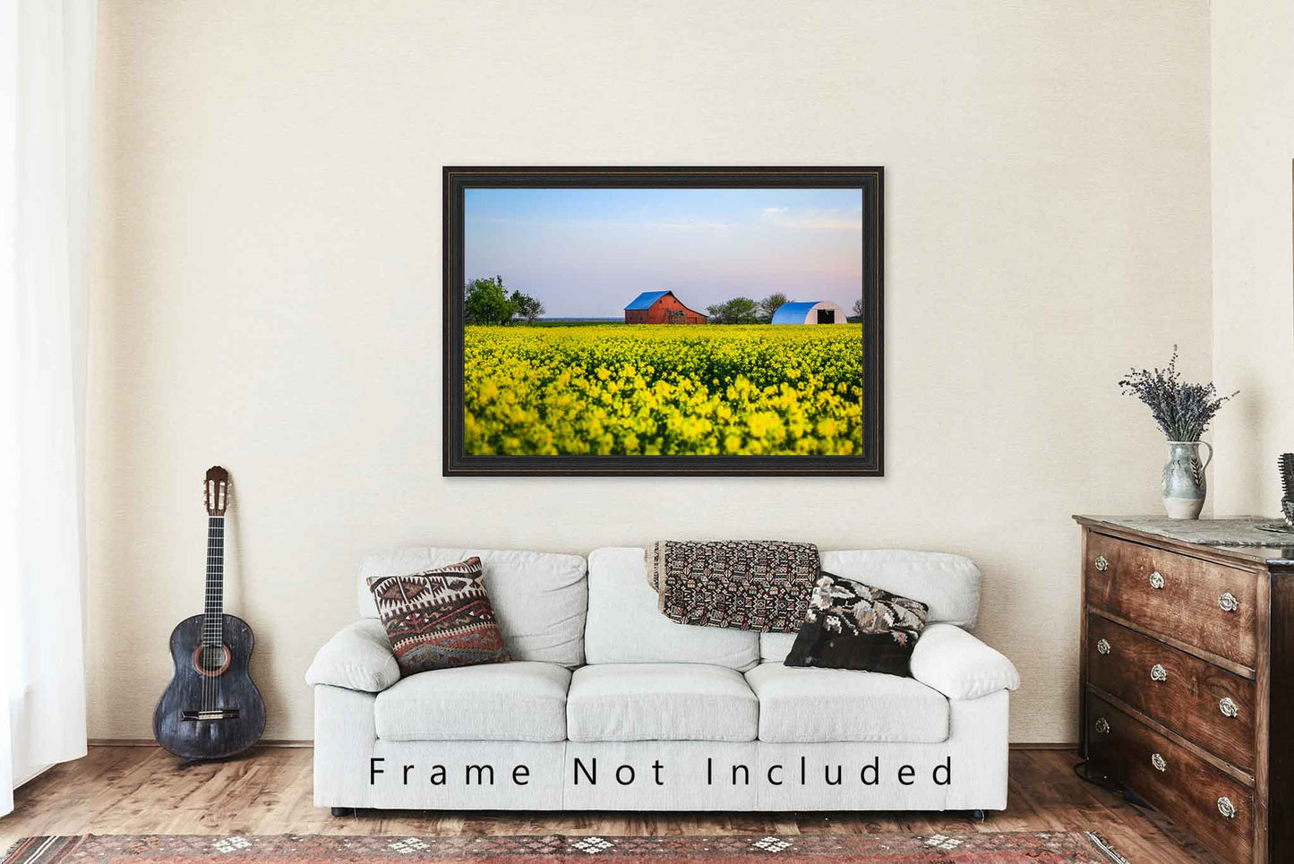 Farm Photography Print (Not Framed) Picture of Red Barn in Canola Field at Dusk in Oklahoma Country Wall Art Farmhouse Decor