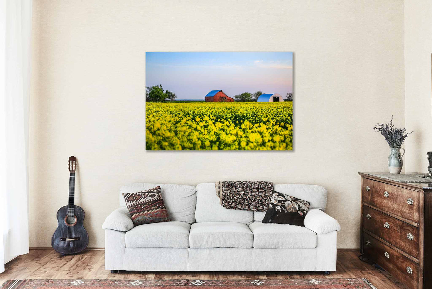 Farm Canvas Wall Art (Ready to Hang) Gallery Wrap of Old Red Barn in Yellow Canola Field at Dusk on Spring Evening in Oklahoma Country Photography Farmhouse Decor