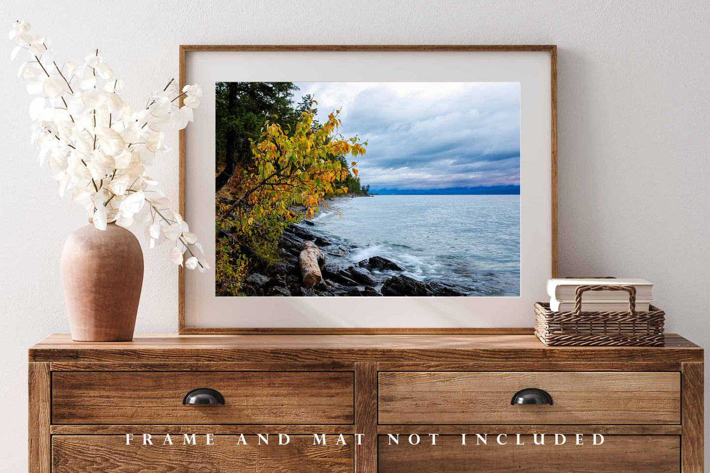 Northern Rockies Photography Print (Not Framed) Picture of Tree with Fall Foliage and Log Along Shoreline of Flathead Lake Montana Rocky Mountain Wall Art Nature Decor
