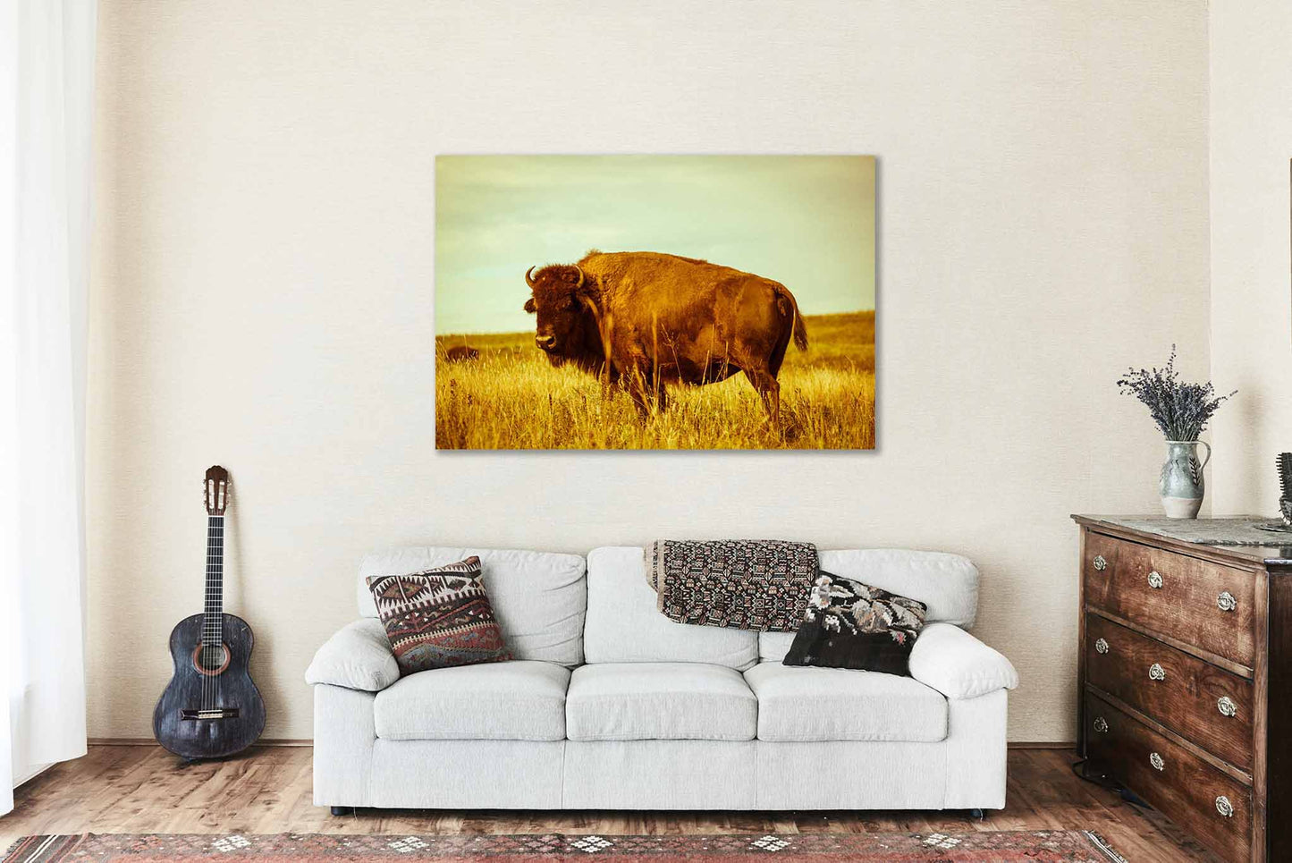 Bison Standing in Tall Prairie Grass in Oklahoma Canvas Wall Art | Buffalo Photography Great Plains Decor