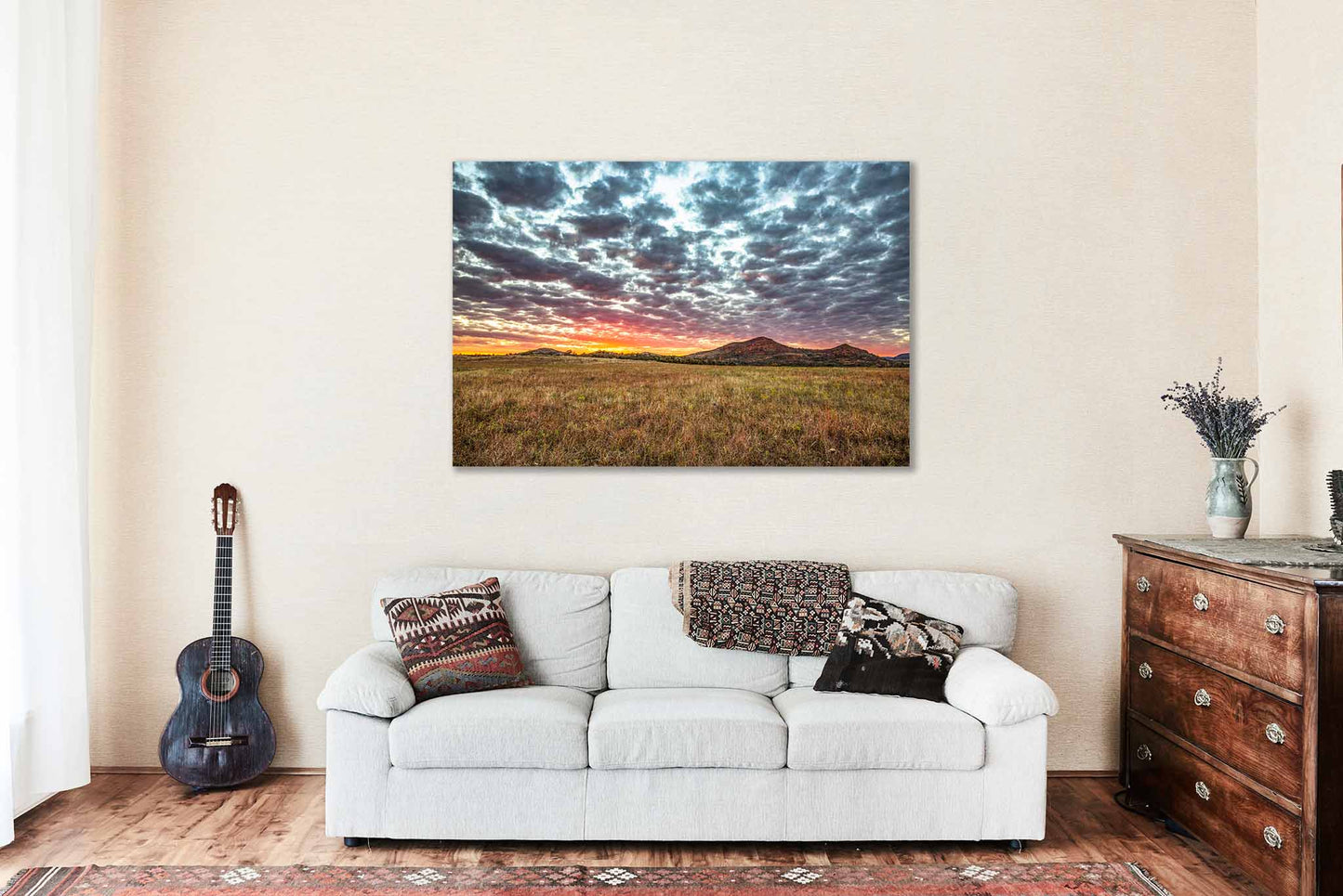 Wichita Mountains Canvas Wall Art (Ready to Hang) Gallery Wrap of Warm Sunset Over Mountains and Field of Prairie Grass on Autumn Evening in Oklahoma Great Plains Photography Nature Decor