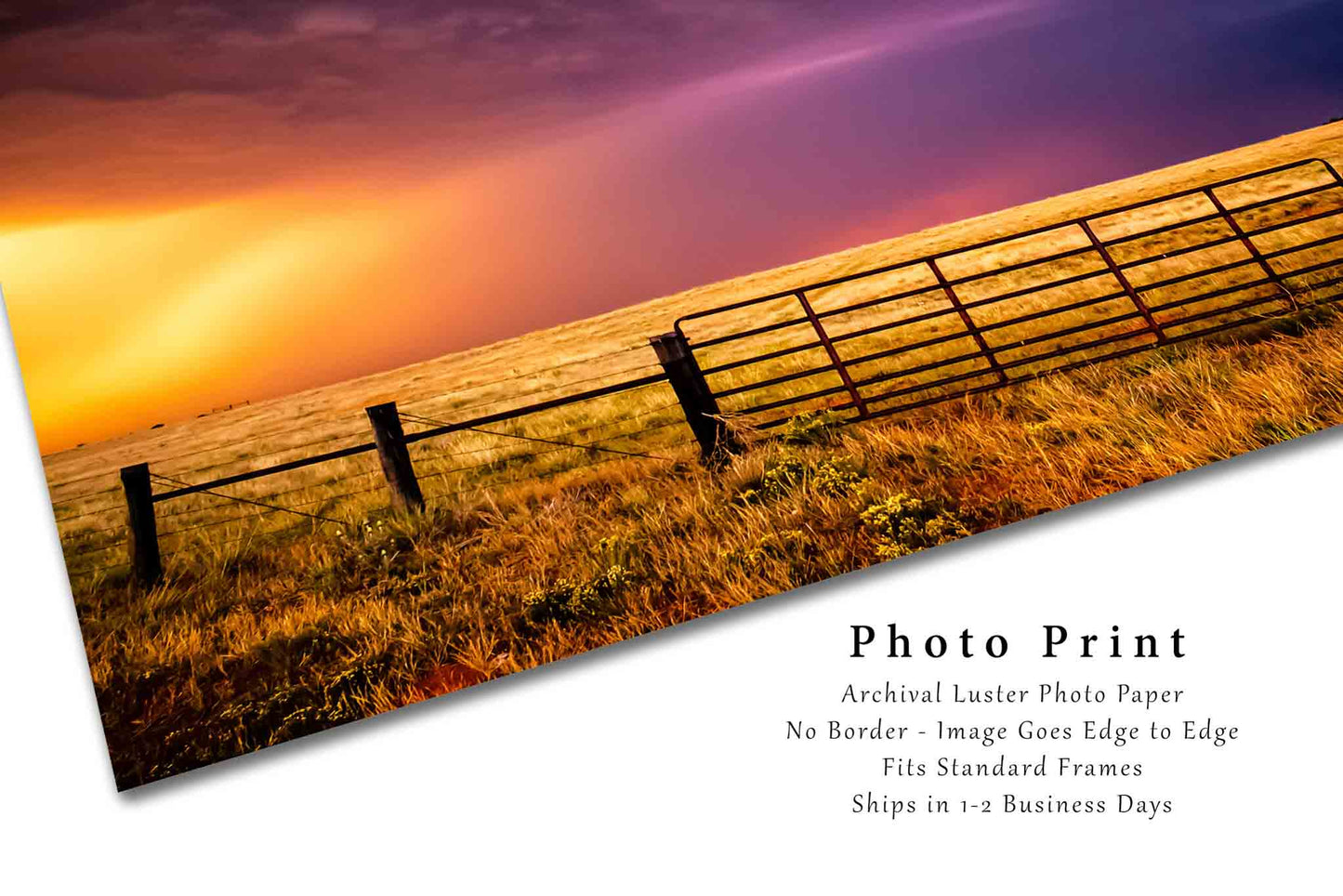 Storm Photography Print (Not Framed) Picture of Colorful Thunderstorm Over Fence Gate at Sunset in Oklahoma Great Plains Wall Art Western Decor