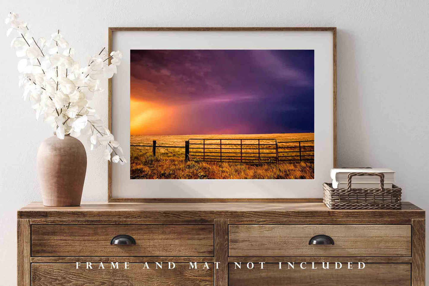 Storm Photography Print (Not Framed) Picture of Colorful Thunderstorm Over Fence Gate at Sunset in Oklahoma Great Plains Wall Art Western Decor